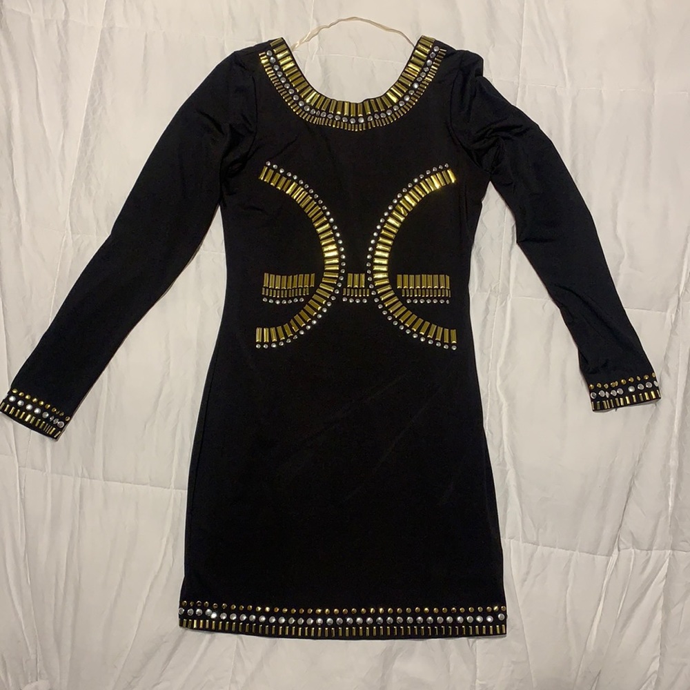 Short tight black dress. Gold and silver detailing. Size medium
